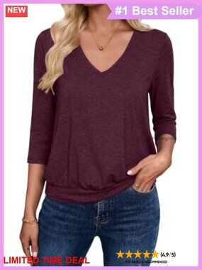 Women's 3/4 Sleeve V-Neck Tunic Blouse Banded Bottom Casual Shirt